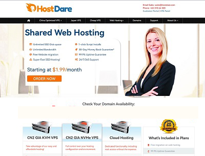 hostdare：美国VPS/日本VPS，国际线路$10/年，CN2 GIA低至$24/年，1.5G内存/1核/10gNVMe/1T流量